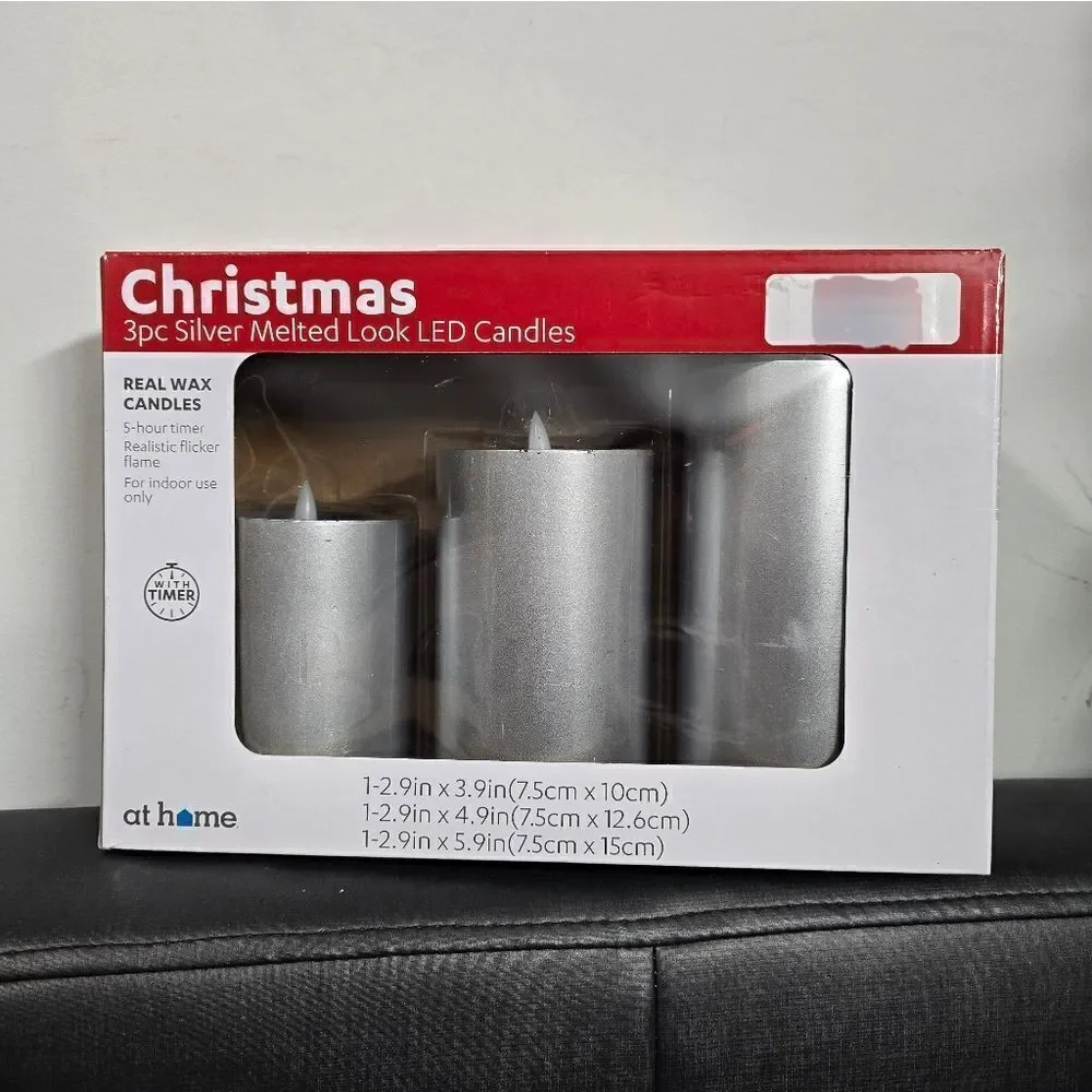 Flameless Flickering Led 3 pack Silver Christmas Pillar Candle Set